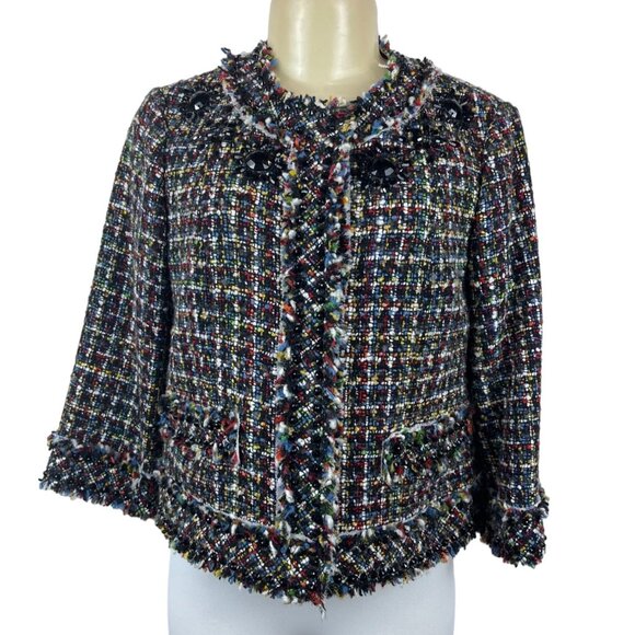 Magaschoni Women's Black Wooven Multicolor Threads  Button Up Sweater Sz 6 - Picture 2 of 10